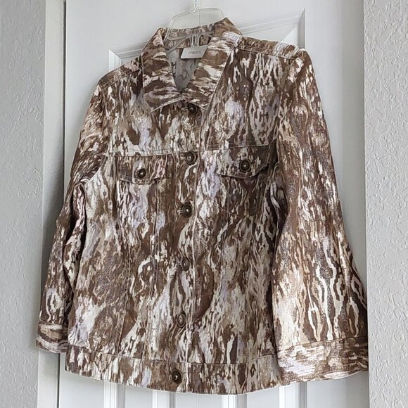 Chico's Gold Metallic Animal Print Button Down Jacket Women's Size -0-/XS - Picture 1 of 13